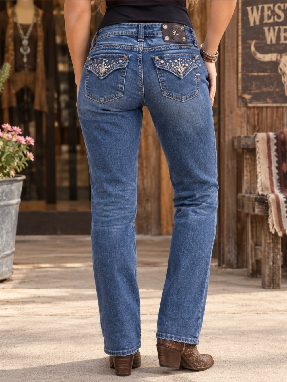 Miss Me JP5141ST Straight Leg Embellished Flap Pocket Jeans Blue Womens Size 28